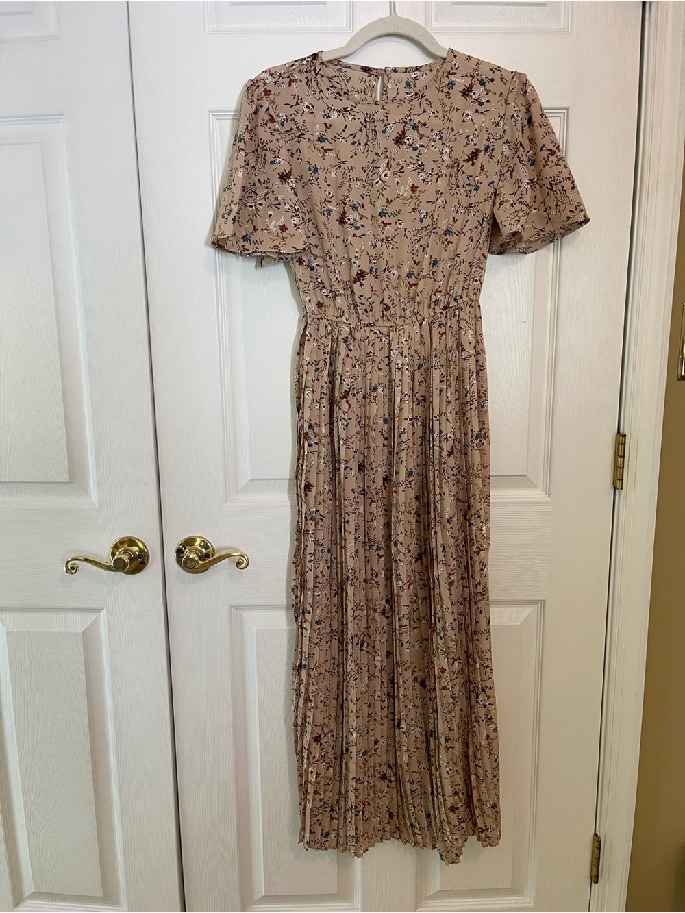 Floral Pleated Maxi Dress in Beige
